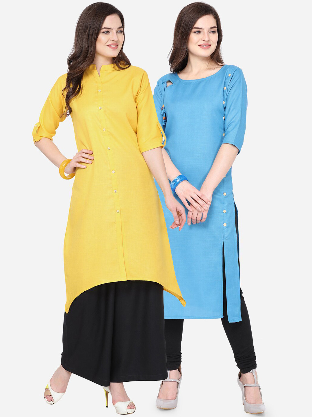 

Silk Bazar Women Turquoise Blue & Yellow Solid Kurta with Churidar