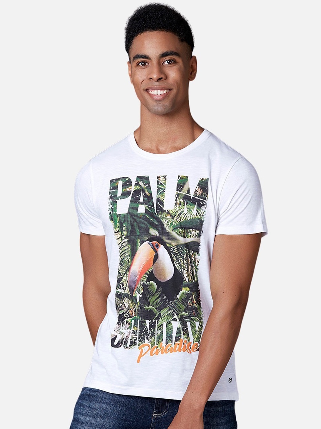 

MARCA Disati Men White Printed Round Neck T-shirt
