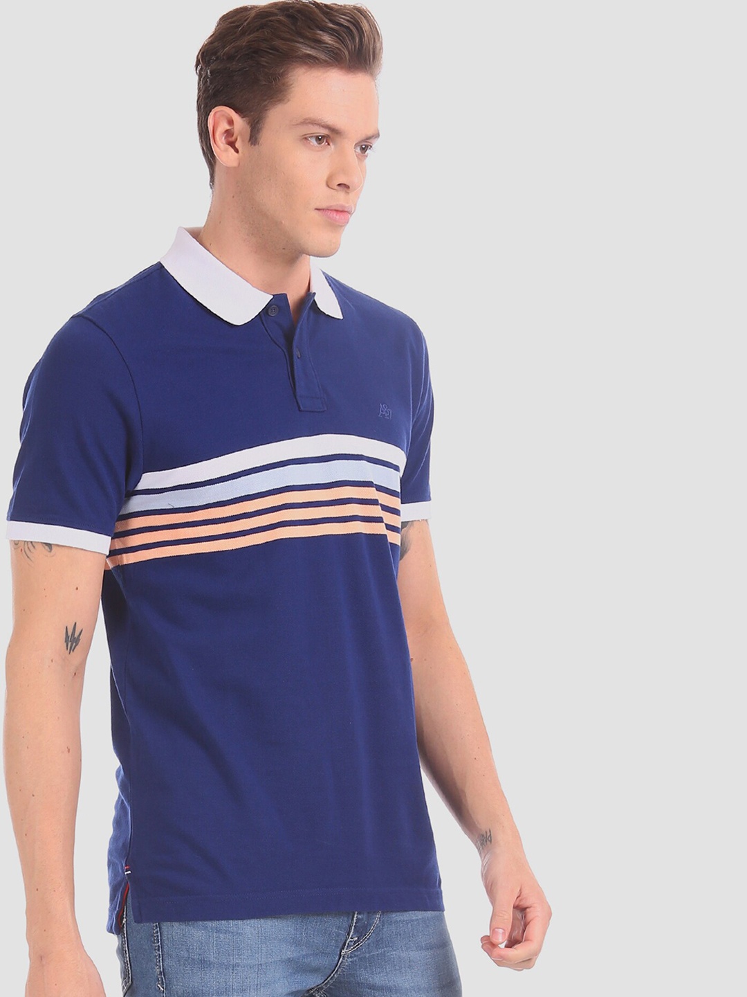 

Aeropostale Men Blue Striped Polo Collar T-shirt
