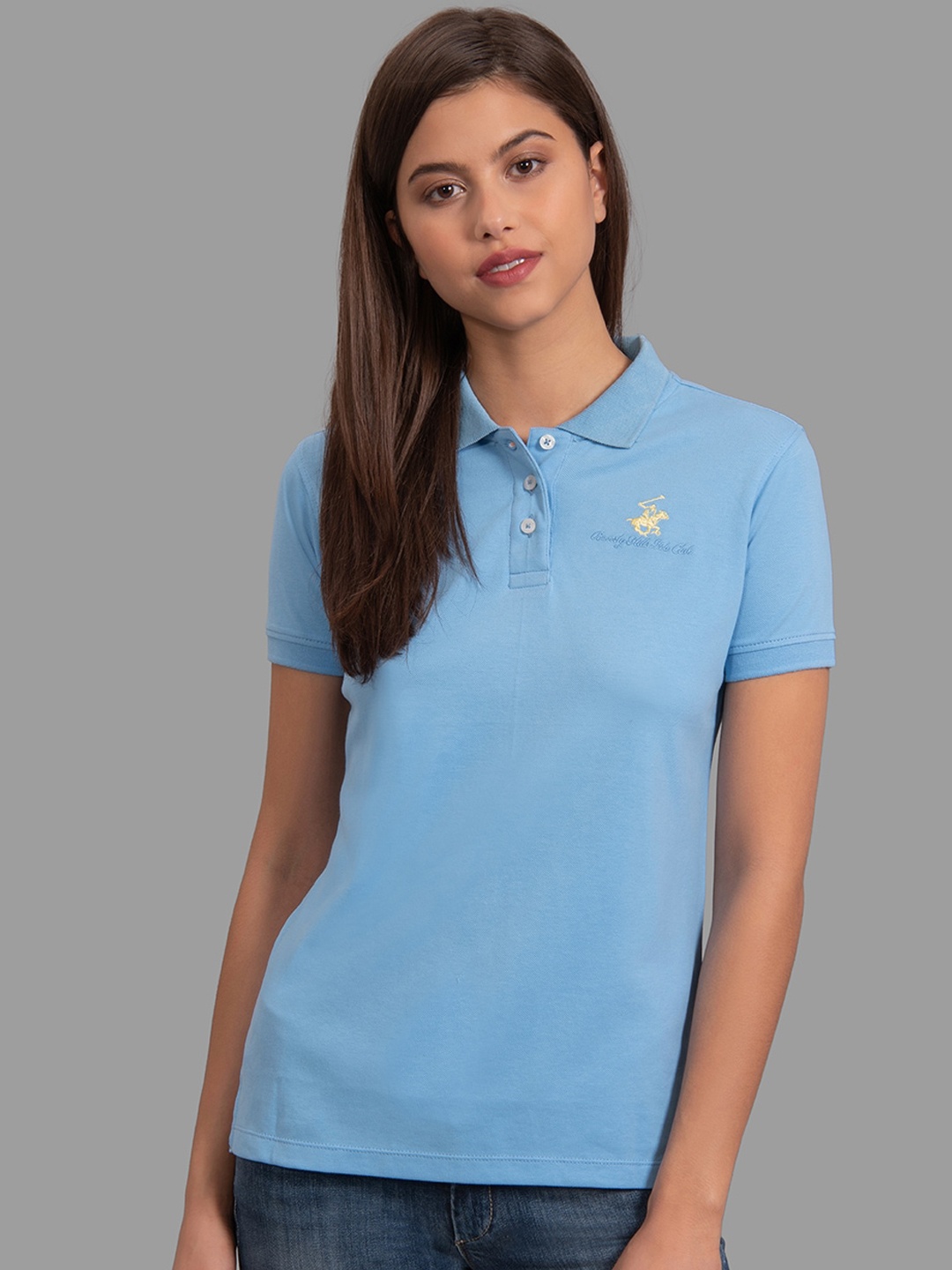 Beverly Hills Polo Club Women Blue Solid Polo Collar T-shirt