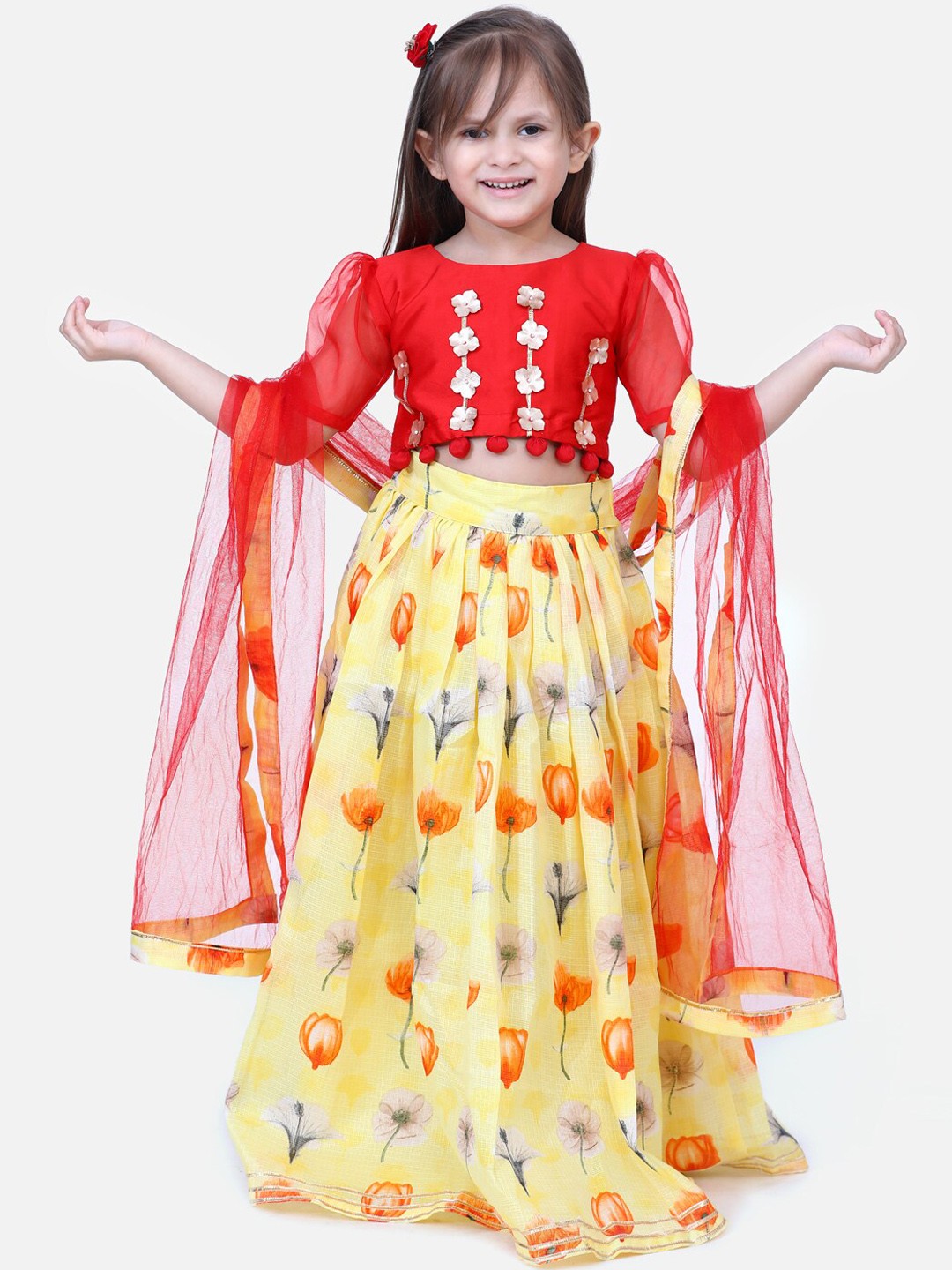 

Fairies Forever Girls Red & Yellow Printed Ready To Wear Lehenga & Blouse With Dupatta
