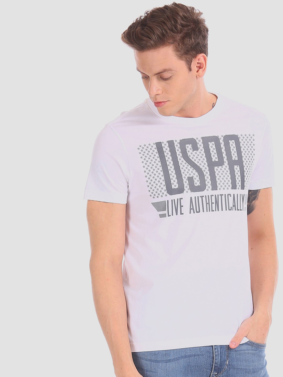 

U.S. Polo Assn. Denim Co. Men White Printed Round Neck Pure Cotton T-shirt