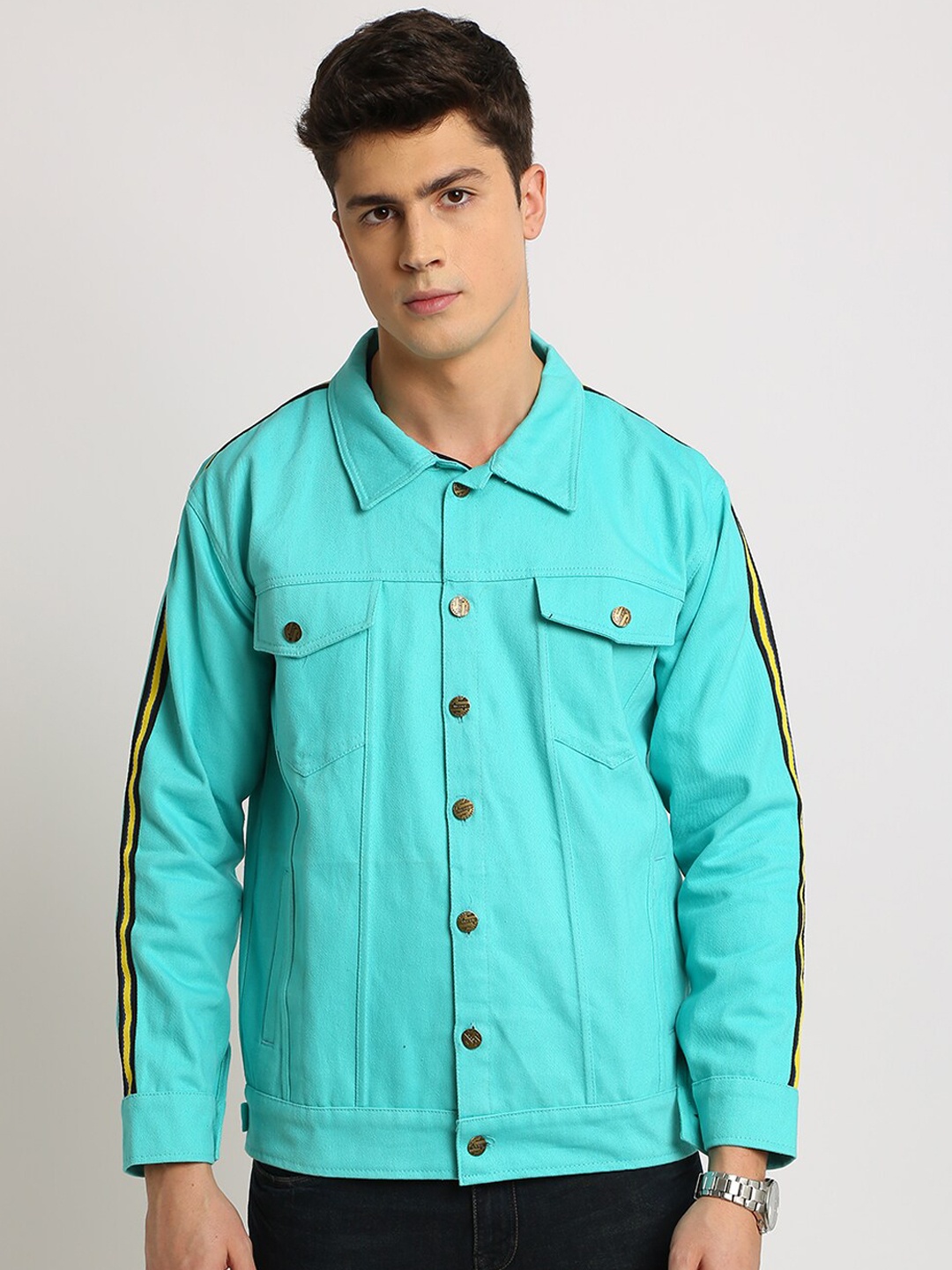 

VOXATI Men Turquoise Blue Solid Denim Jacket