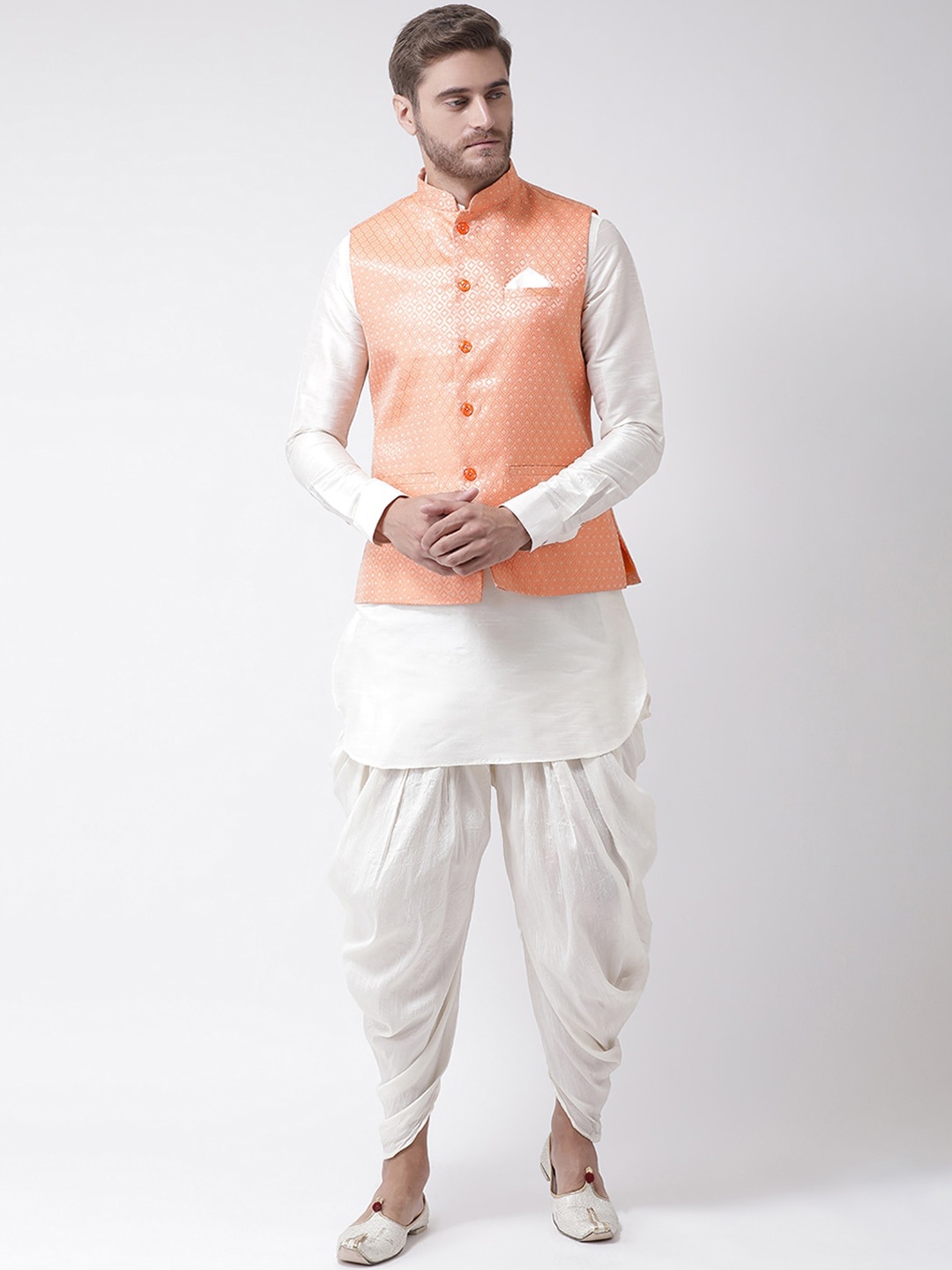 

LAMAAYA Men White & Orange Solid Kurta with Patiala & Nehru Jacket
