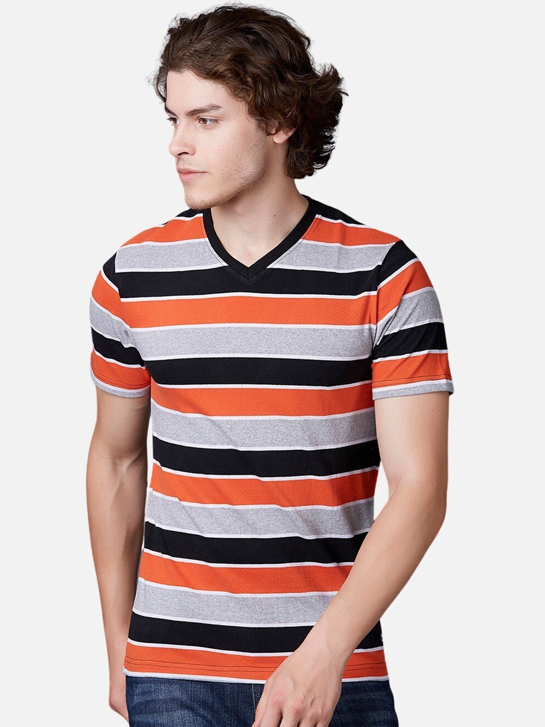 

MARCA Disati Men Orange & Grey Striped V-Neck T-shirt