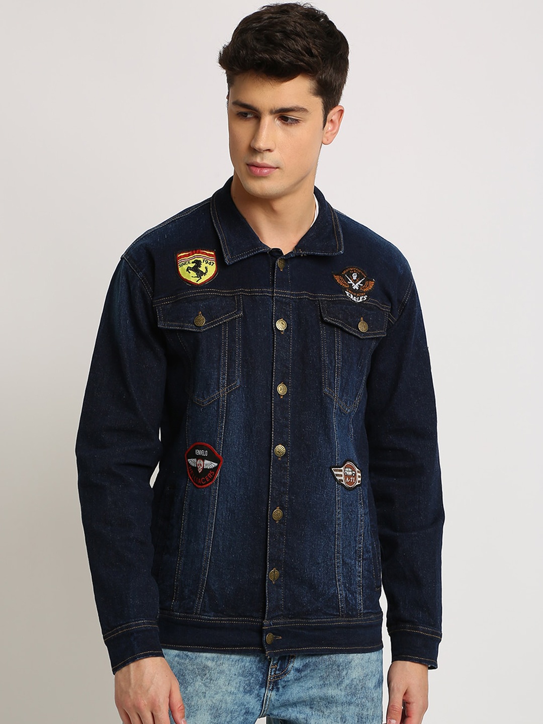 

VOXATI Men Blue Checked Denim Jacket