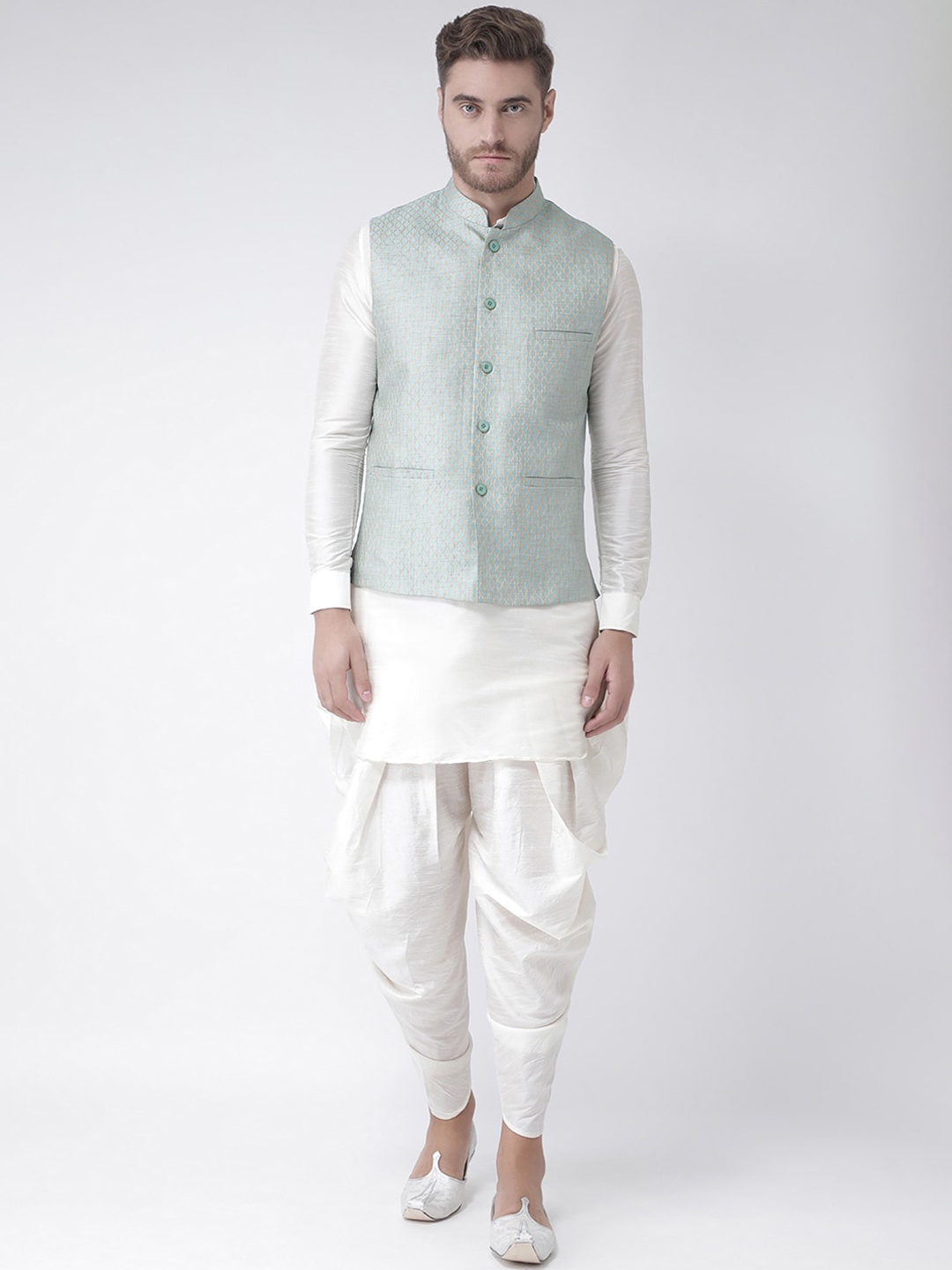 

LAMAAYA Men Blue & Off-White Self Design Kurta with Patiala & Nehru Jacket