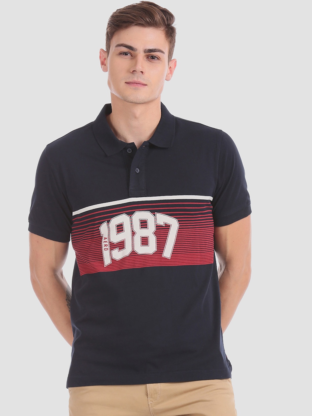 

Aeropostale Men Navy Blue Printed Polo Collar T-shirt