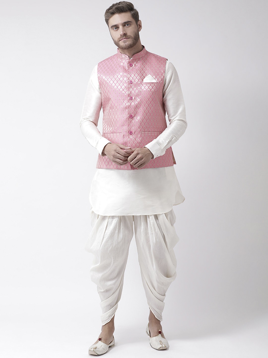 

LAMAAYA Men Pink & Off-White Self Design Kurta with Patiala