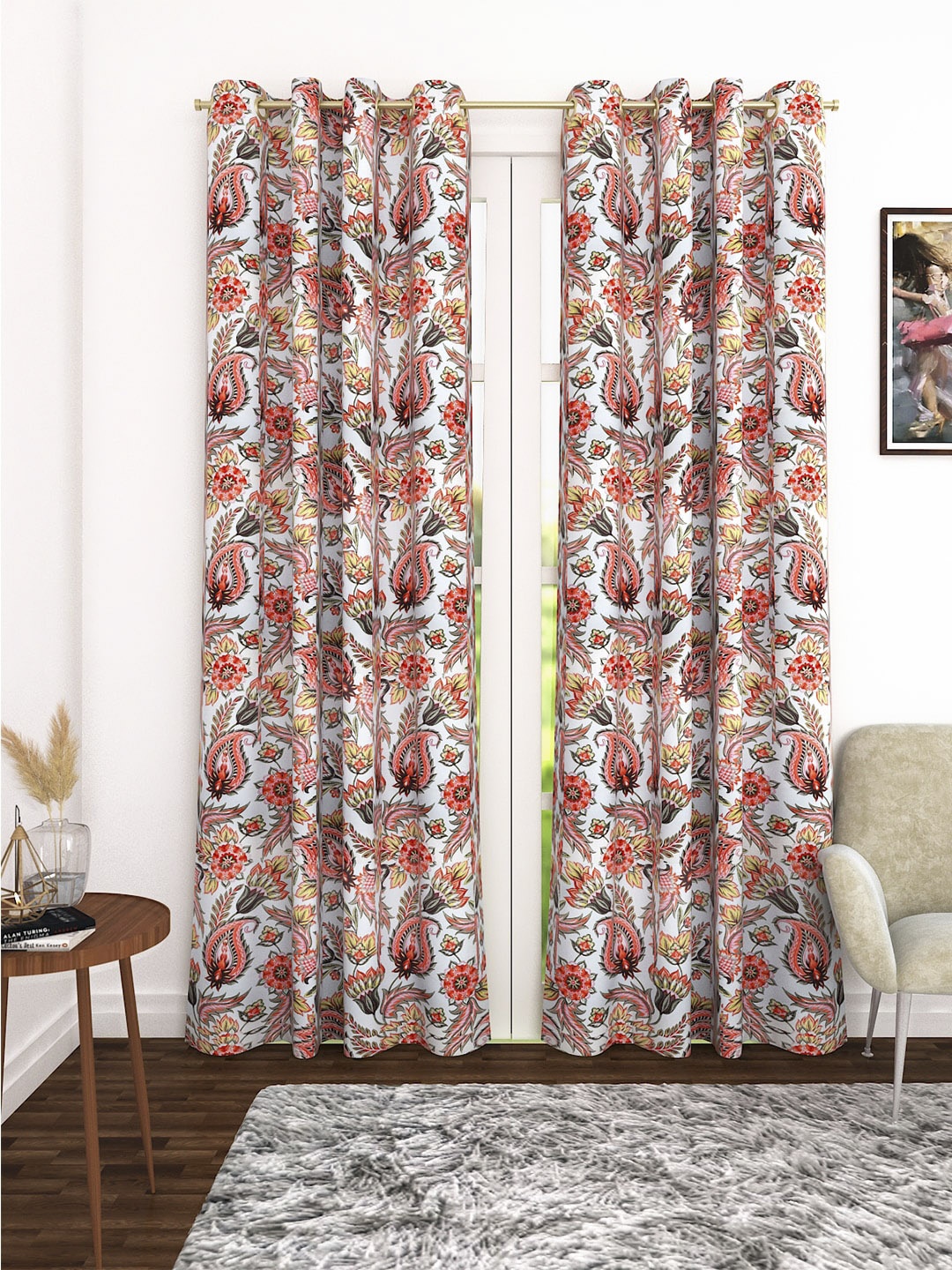 

Soumya White & Pink Single Room Darkening Long Door Curtain