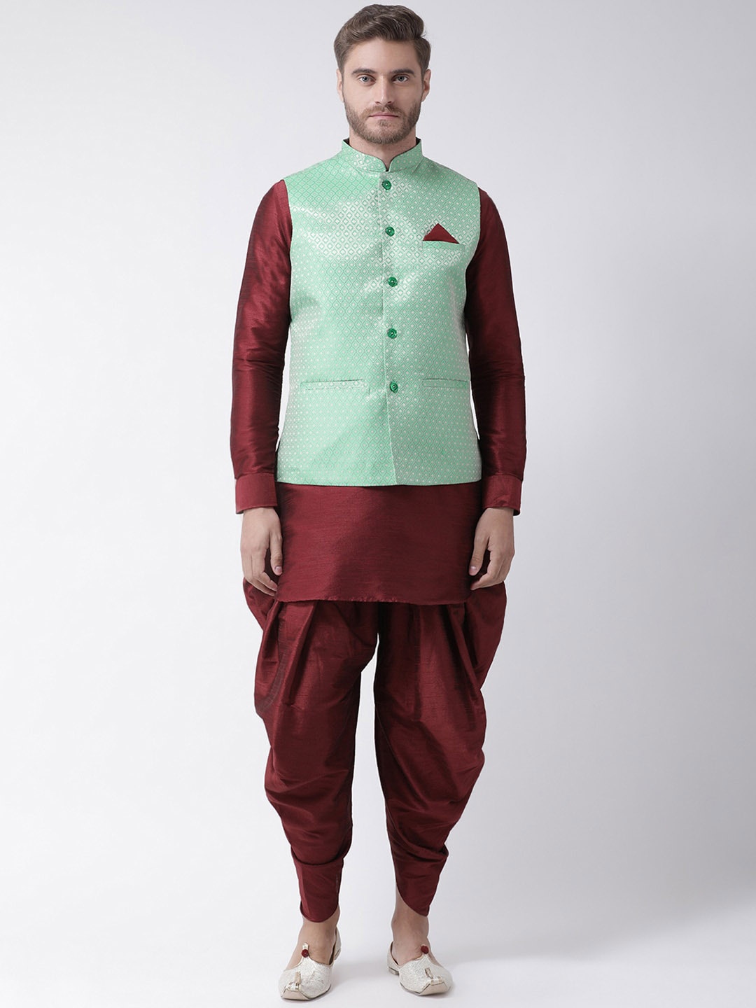

LAMAAYA Men Green & Maroon Self Design Kurta with Patiala