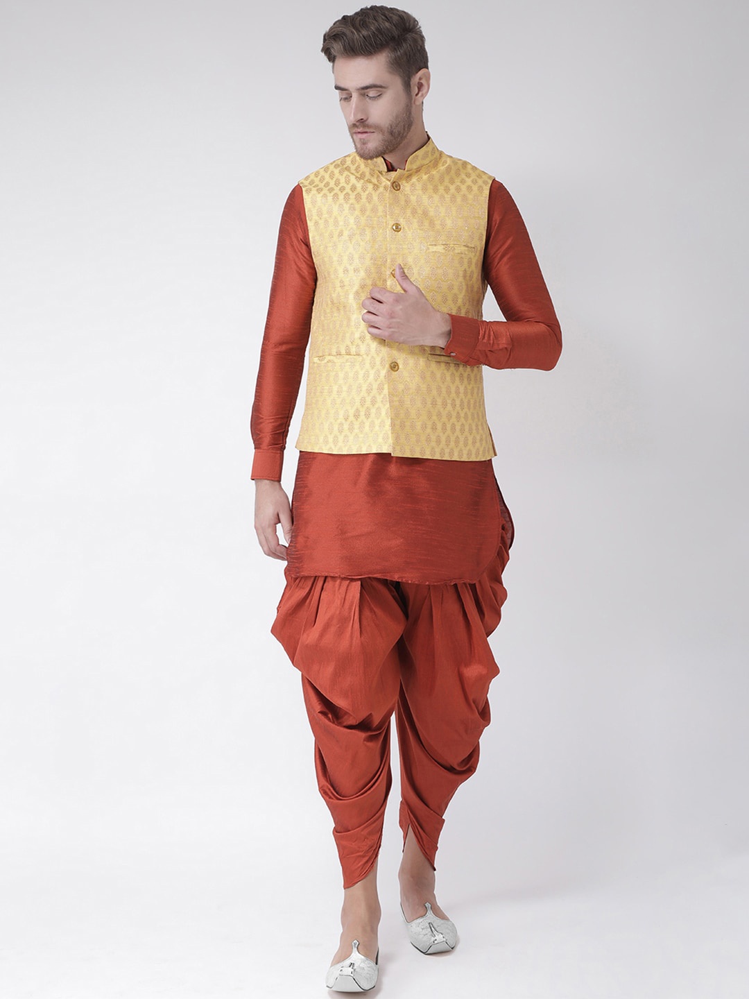 

LAMAAYA Men Yellow & Rust Orange Woven Design Kurta with Dhoti Pants