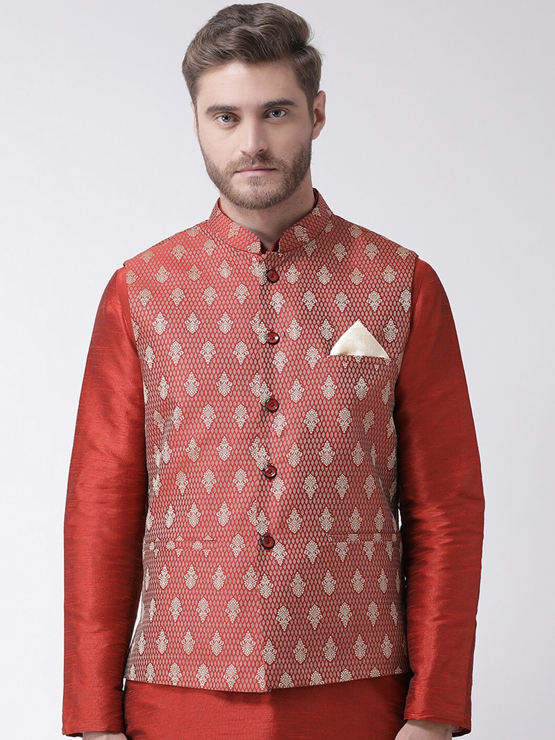 LAMAAYA Men Red & Off-White Woven-Design Nehru Jacket