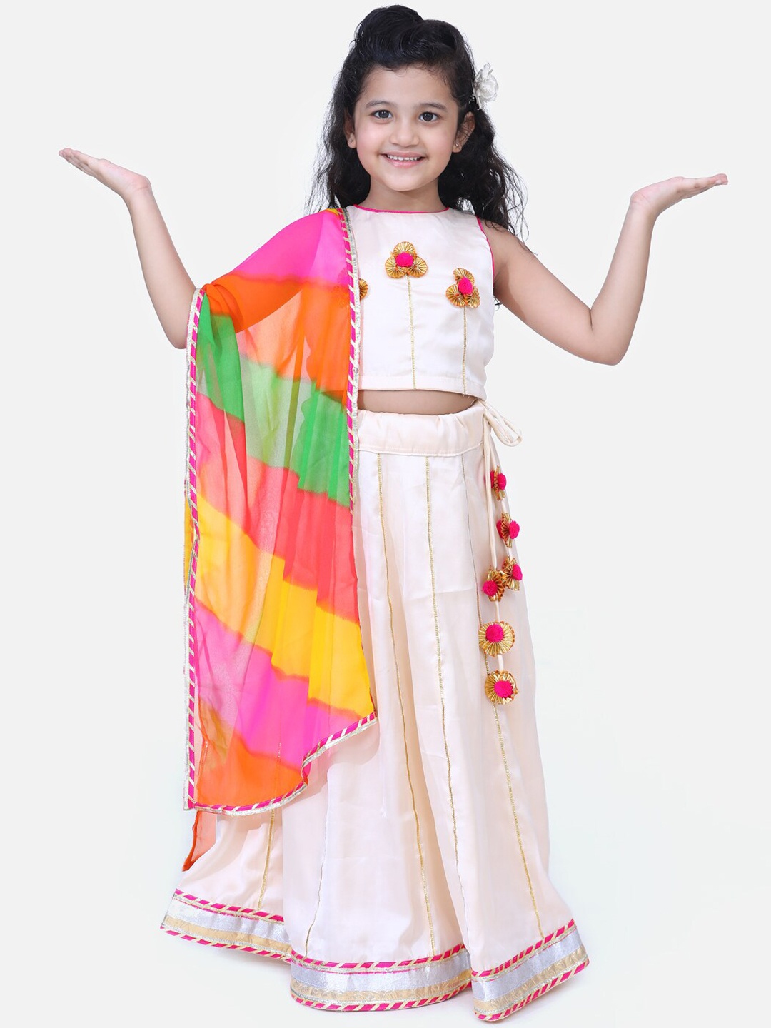 

Fairies Forever Girls Cream-Coloured & Pink Embellished Lehenga & Blouse With Dupatta