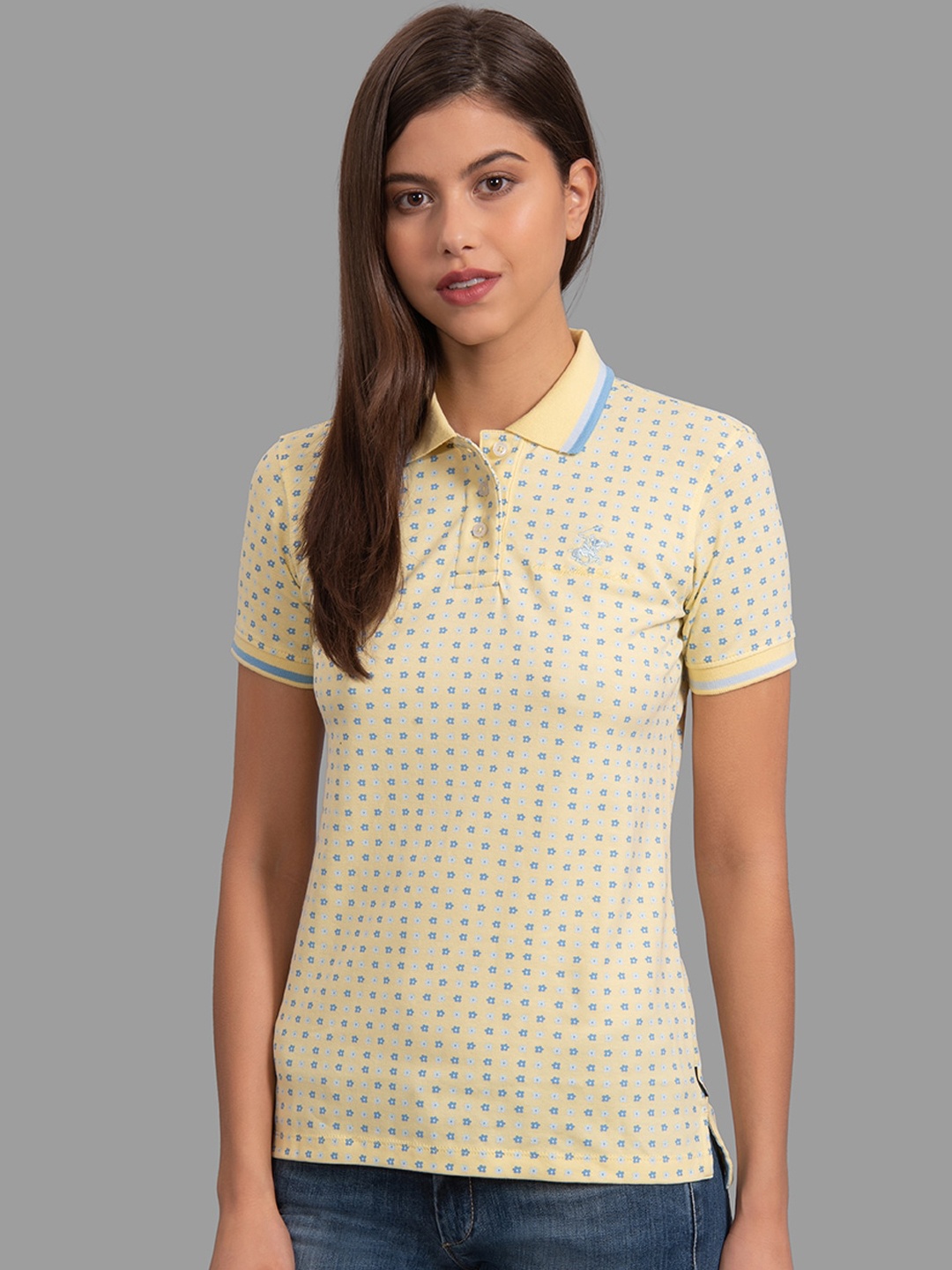 

Beverly Hills Polo Club Women Yellow & Blue Micro Floral Printed Polo Collar T-shirt