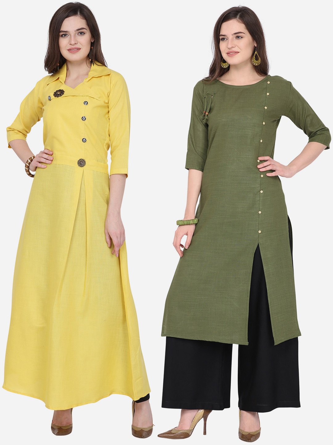 

Silk Bazar Women Set Of 2 Yellow & Green Solid Kurta with Palazzos