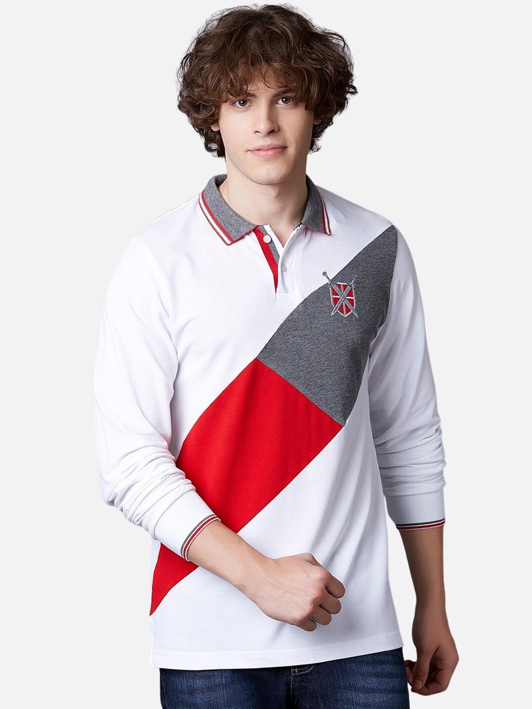 

MARCA Disati Men White & Red Colourblocked Polo Collar T-shirt