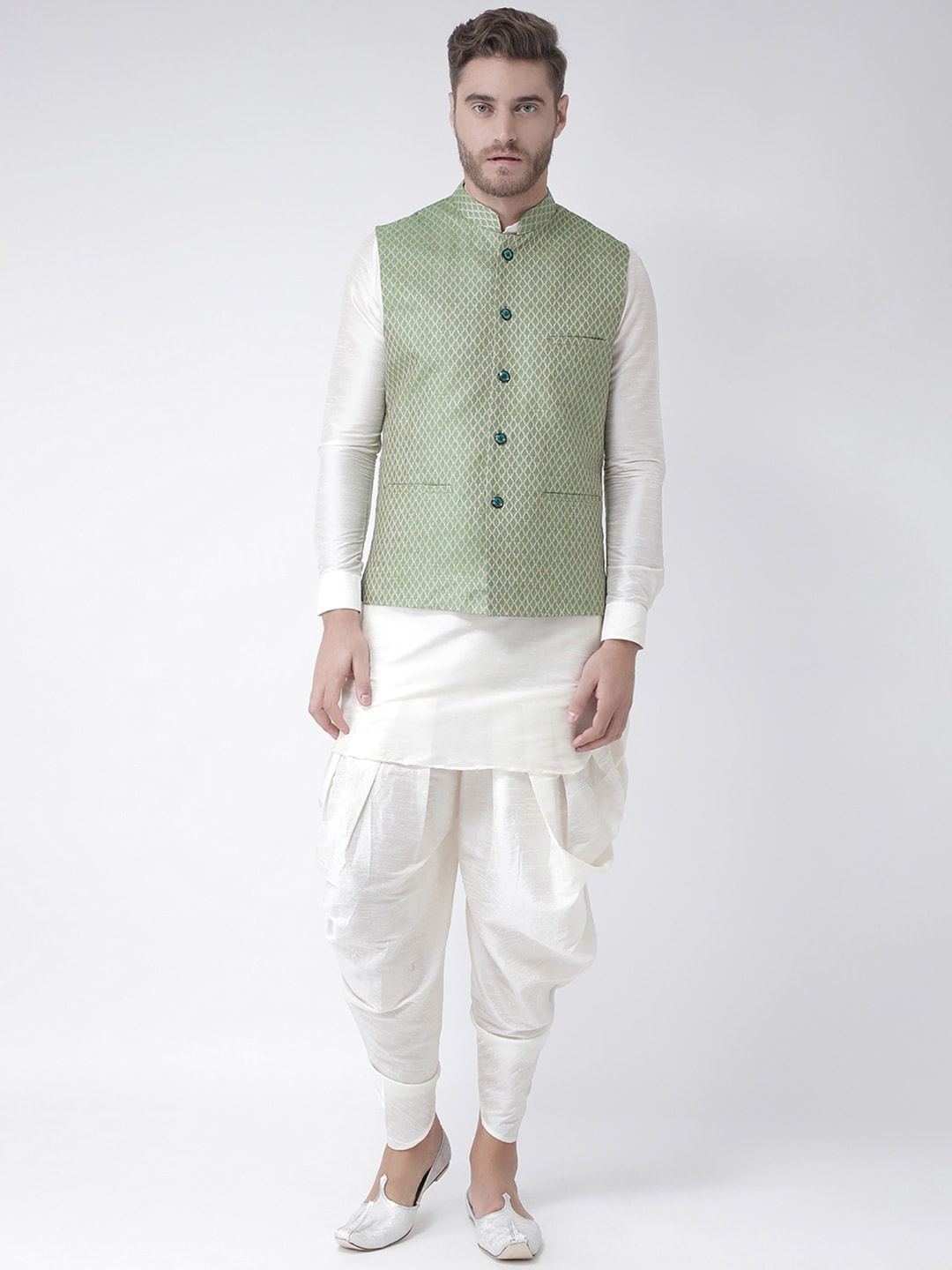 

LAMAAYA Men Off-White Solid Kurta with Dhoti Pants & Nehru Jacket