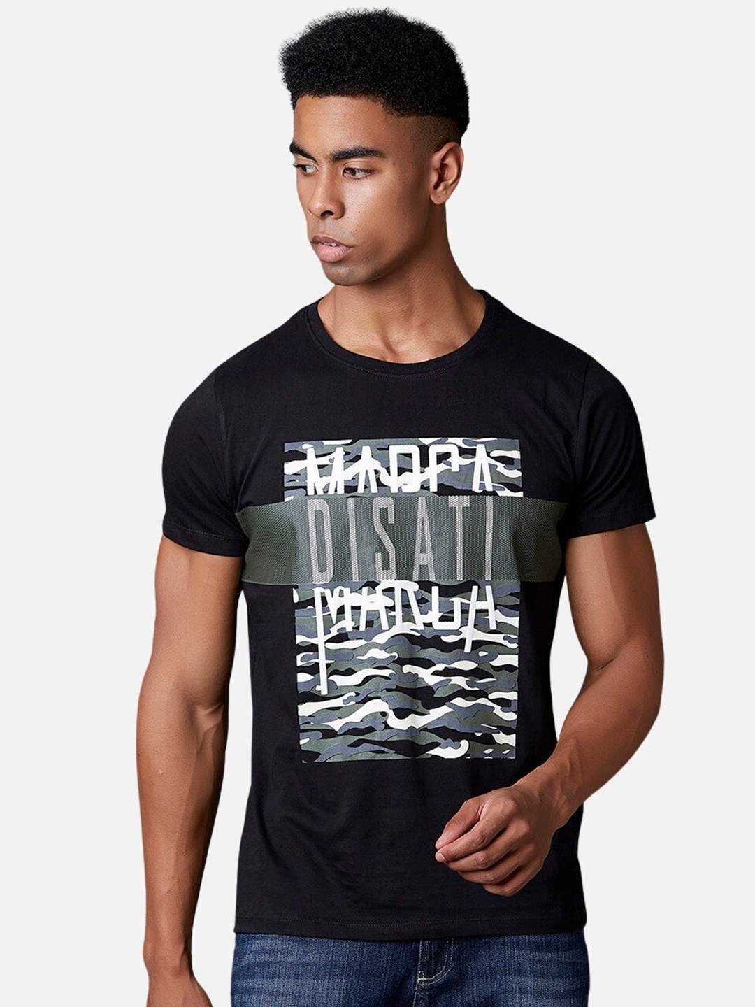 

MARCA Disati Men Black Printed Round Neck T-shirt
