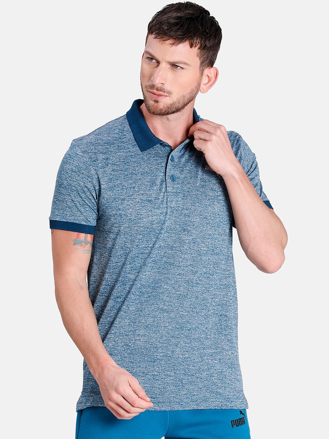 

Puma Men Blue Self Design Polo Collar T-shirt