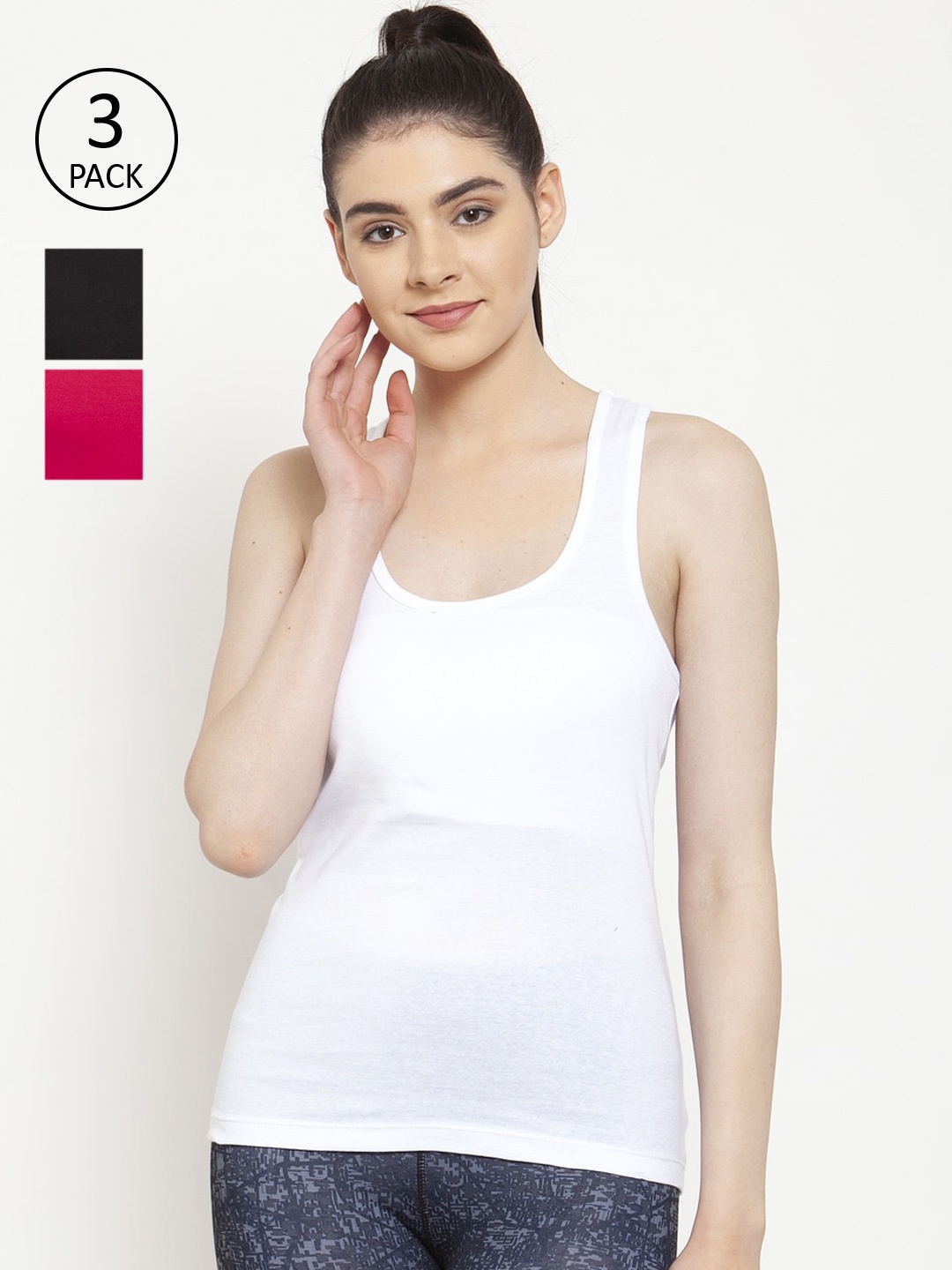 

Friskers Women Pack Of 3 Multicoloured Solid Tank Tops, Black