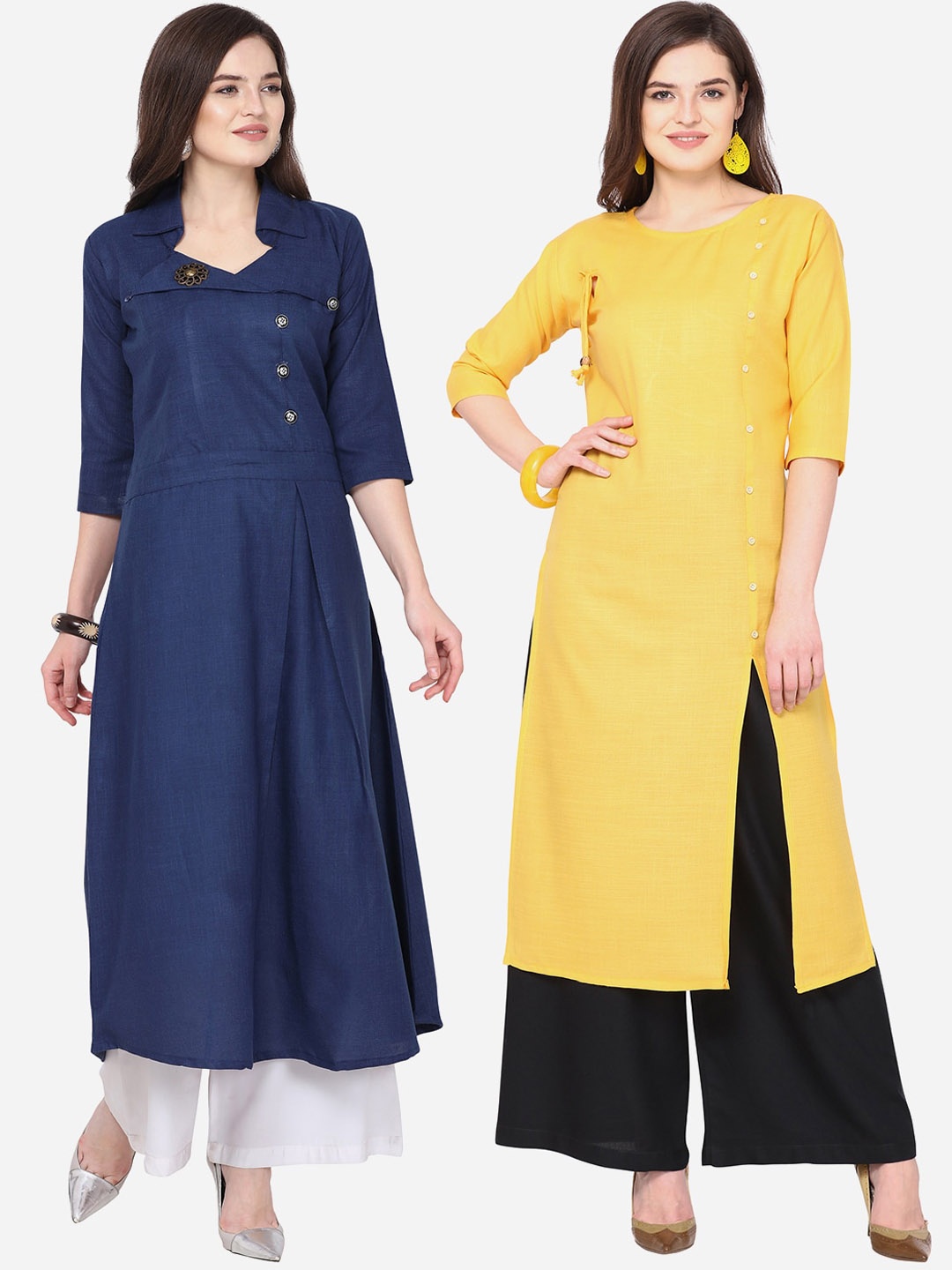 Silk Bazar Women Pack Of 2 Blue & Yellow Solid Kurta with Palazzos