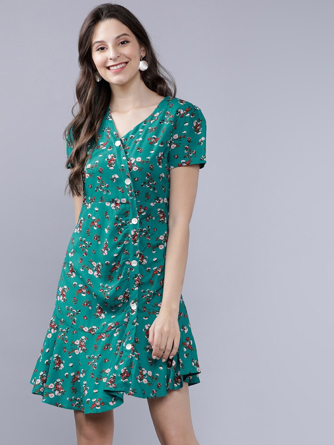 

Tokyo Talkies Women Green Floral Printed Drop-Waist Dress