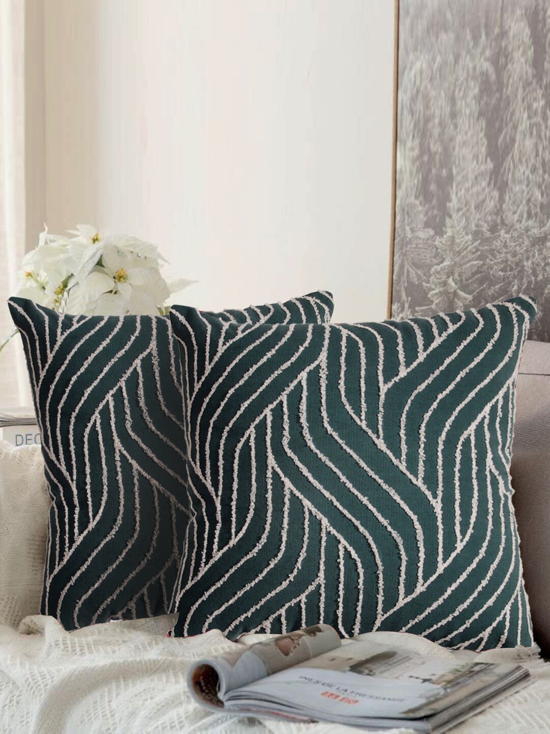 

aRDENMEAD Green Set of 2 Embroidered Square Cushion Covers