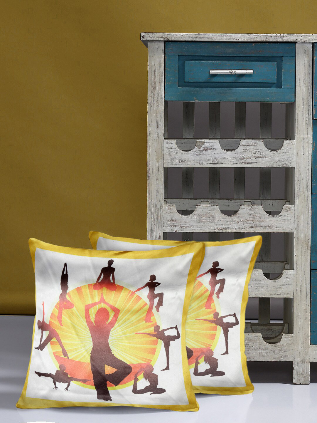 

Alina decor Set Of 2 Yellow & White Printed Square Cushion Covers