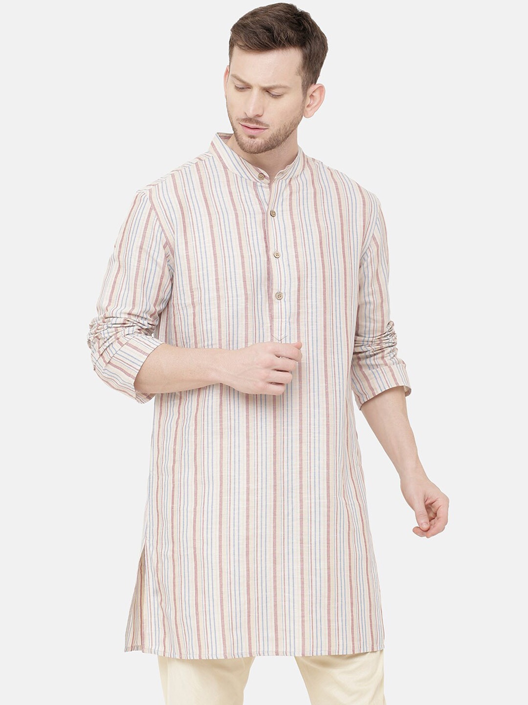 

CAVALLO by Linen Club Men Beige & Brown Striped Straight Cotton Linen Kurta