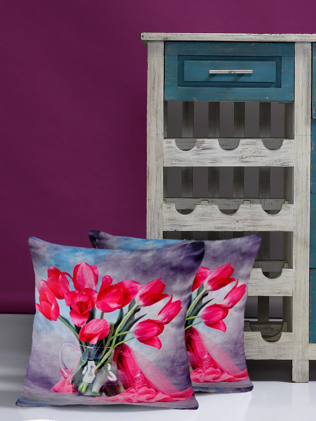 

Alina decor Grey & Pink Set of 2 Floral Square Cushion Covers