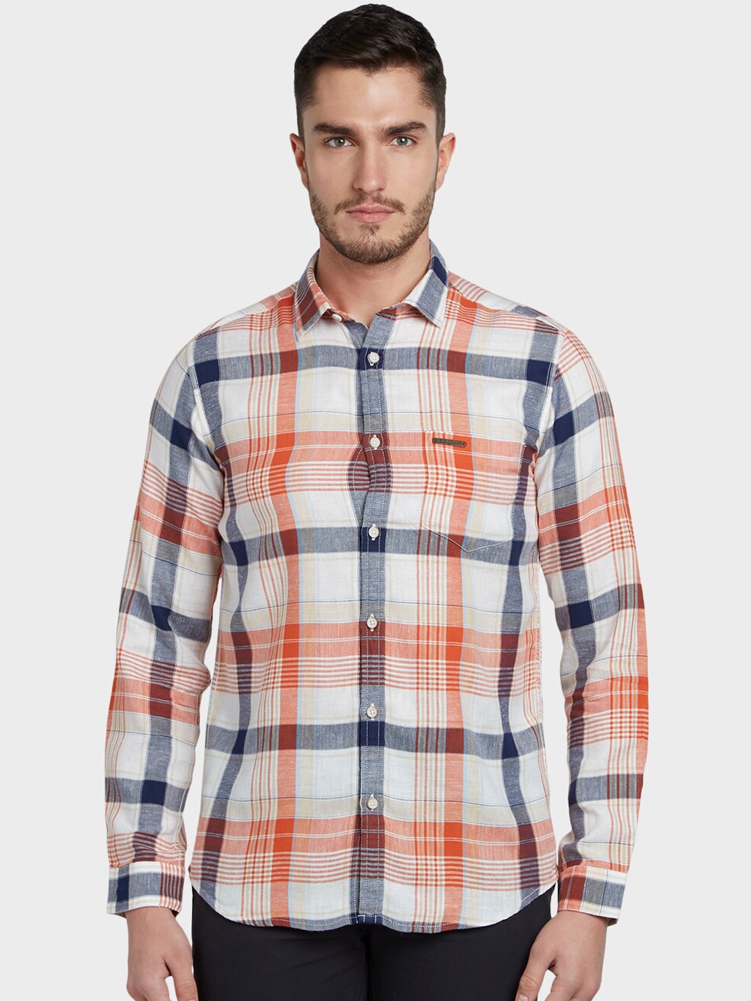 

ColorPlus Men Orange & White Regular Fit Checked Casual Shirt