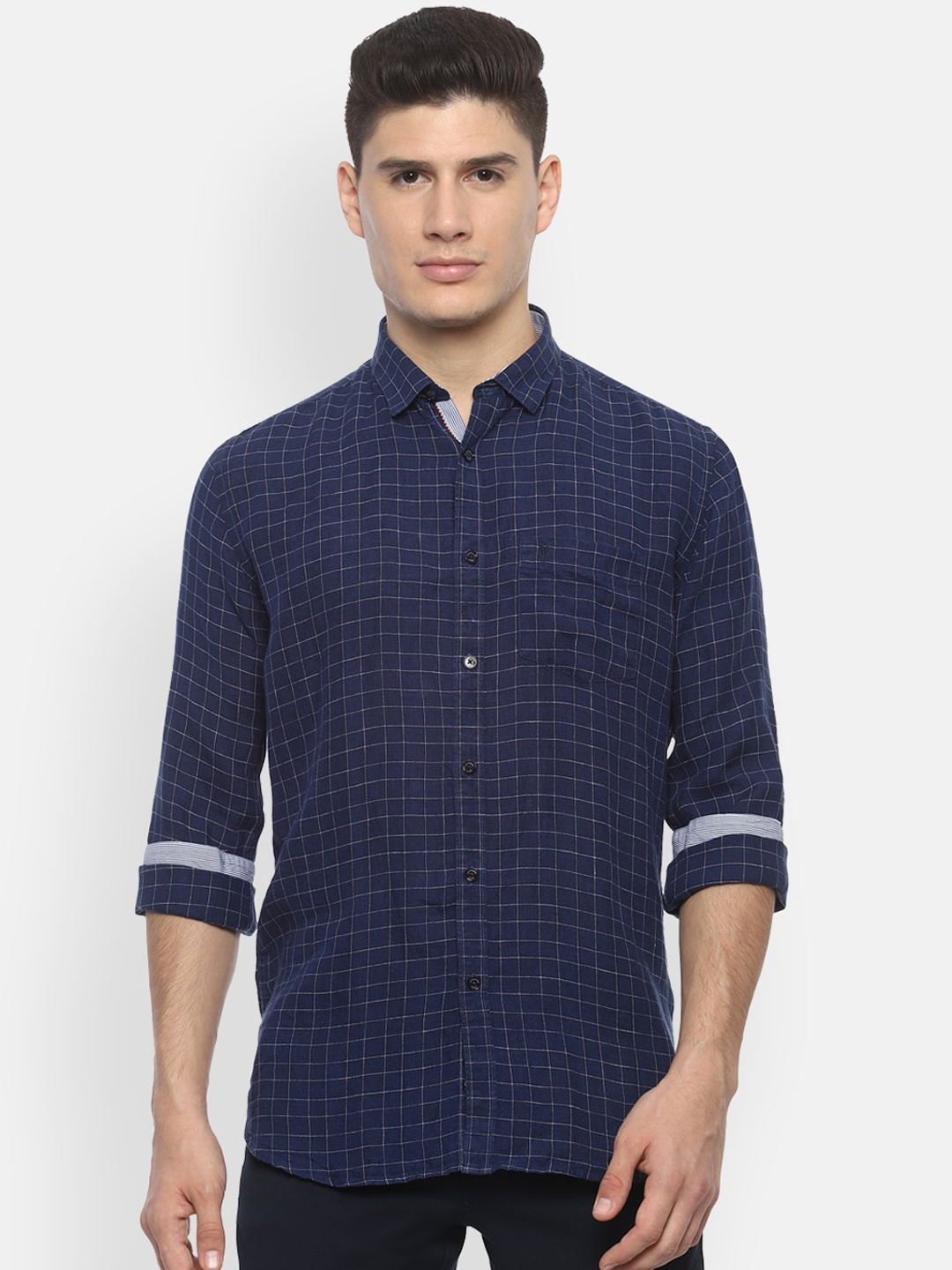 

Van Heusen Sport Men Navy Blue Slim Fit Checked Linen Casual Shirt