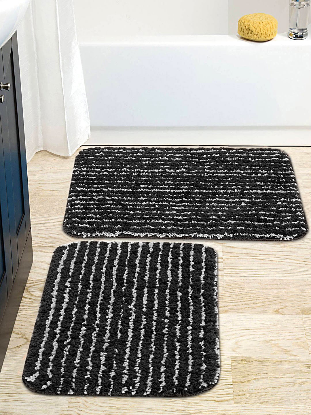 

Saral Home Set Of 2 Black & Grey Striped Furry Microfibre Anti-Skid Bath Rugs