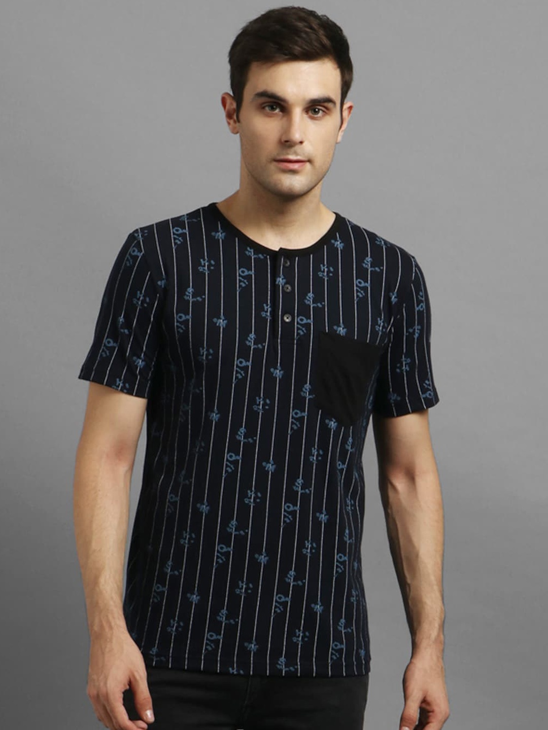 

Kotty Men Navy Blue Striped V-Neck T-shirt