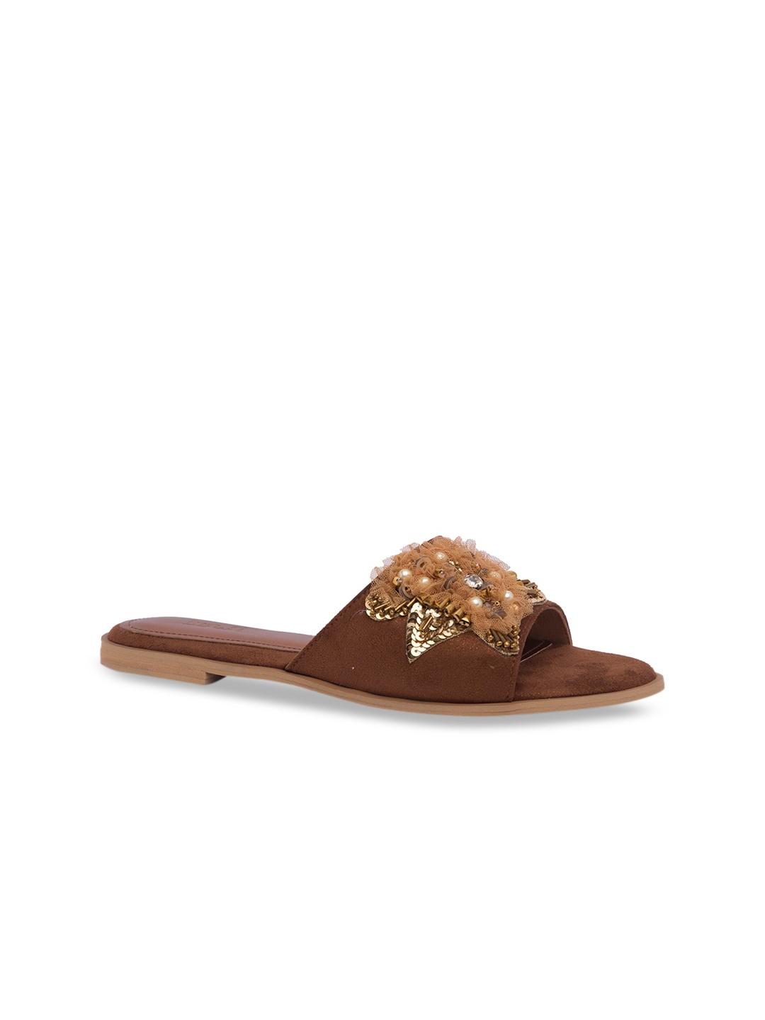 

Inc 5 Women Brown Embellished Velvet Open Toe Flats