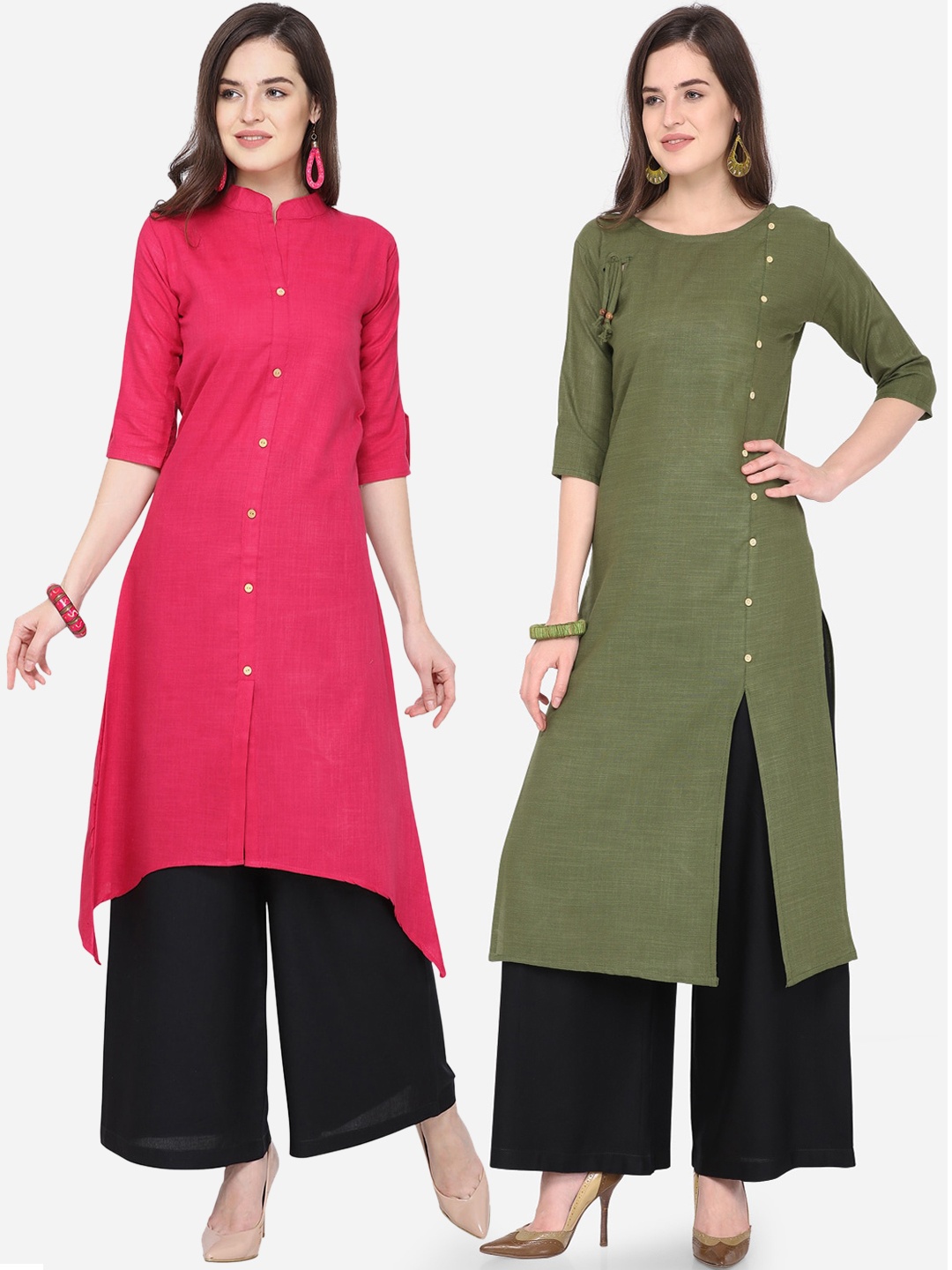

Silk Bazar Women Green & Pink Solid Kurta with Palazzos