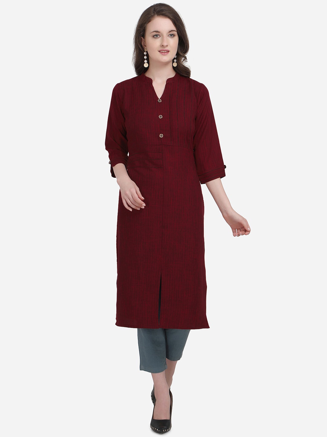 

Kvsfab Women Maroon Woven Design Pathani Kurta
