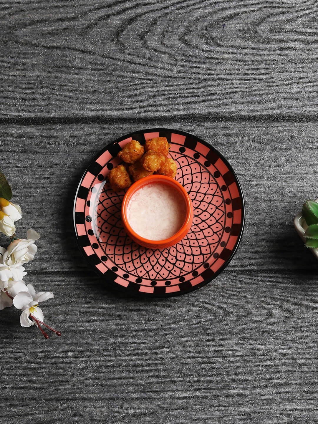 

MIAH Decor Pink & Black Ceramic Floral Platter With Attached Bowl