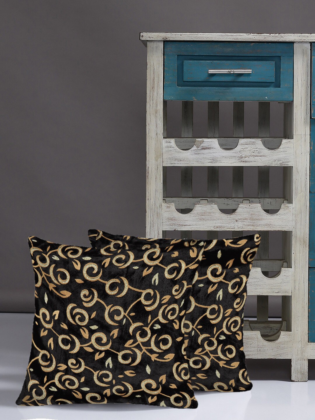Alina decor Black & Gold Set of 2 Embroidered Square Cushion Covers