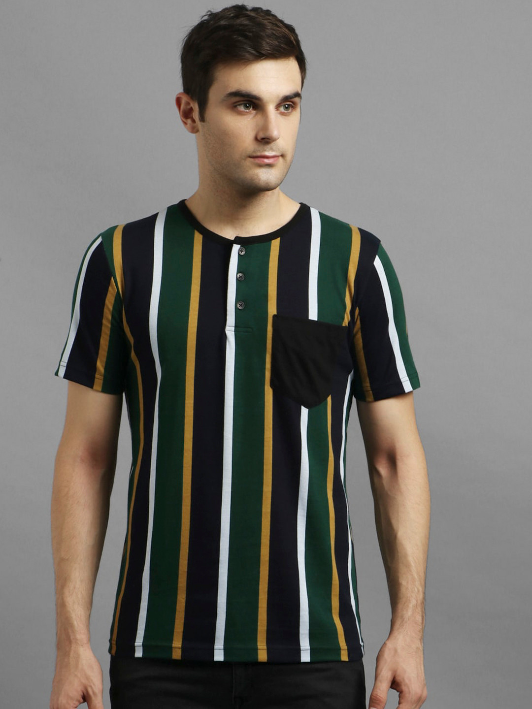 

Kotty Men Green Striped Henley Neck T-shirt