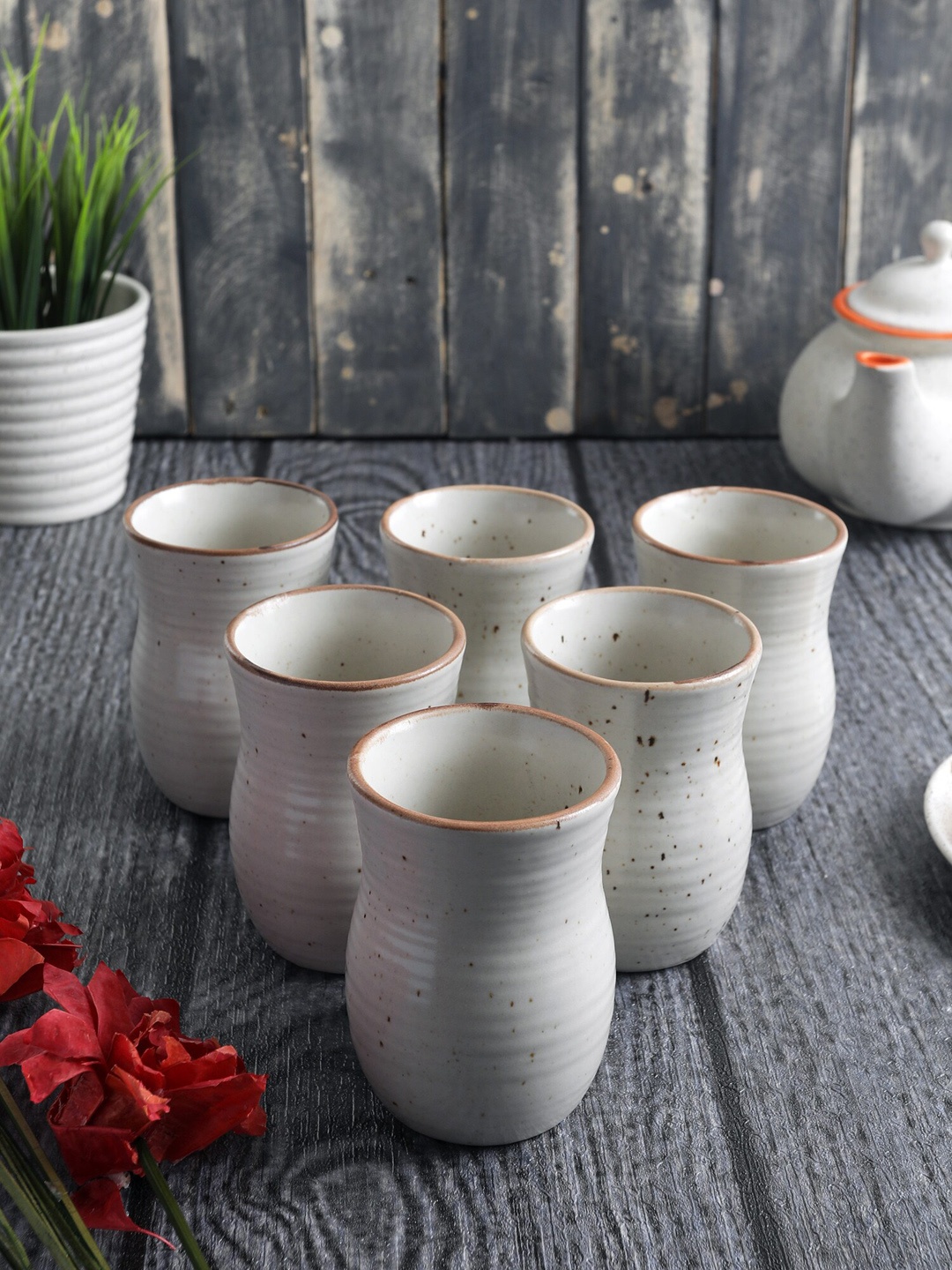MIAH Decor Set of 6 Off-White Printed Ceramic Kulladhs - 210 ml each