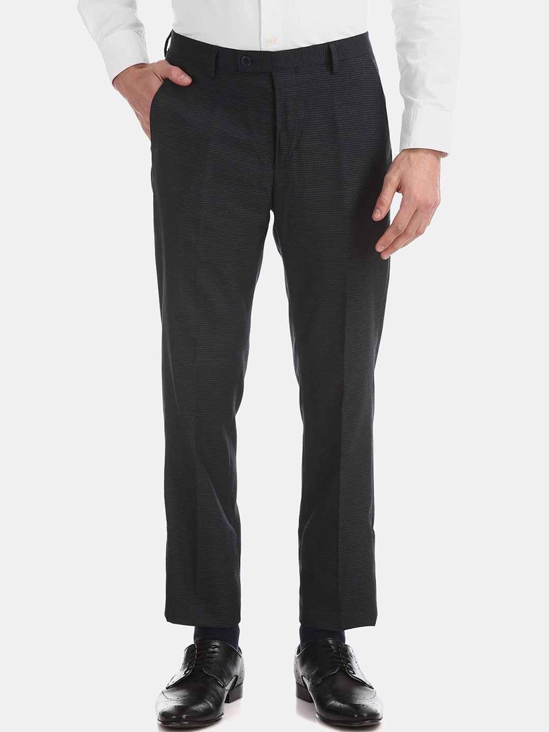 

Arrow Men Navy Blue Tapered Fit Striped Formal Trousers
