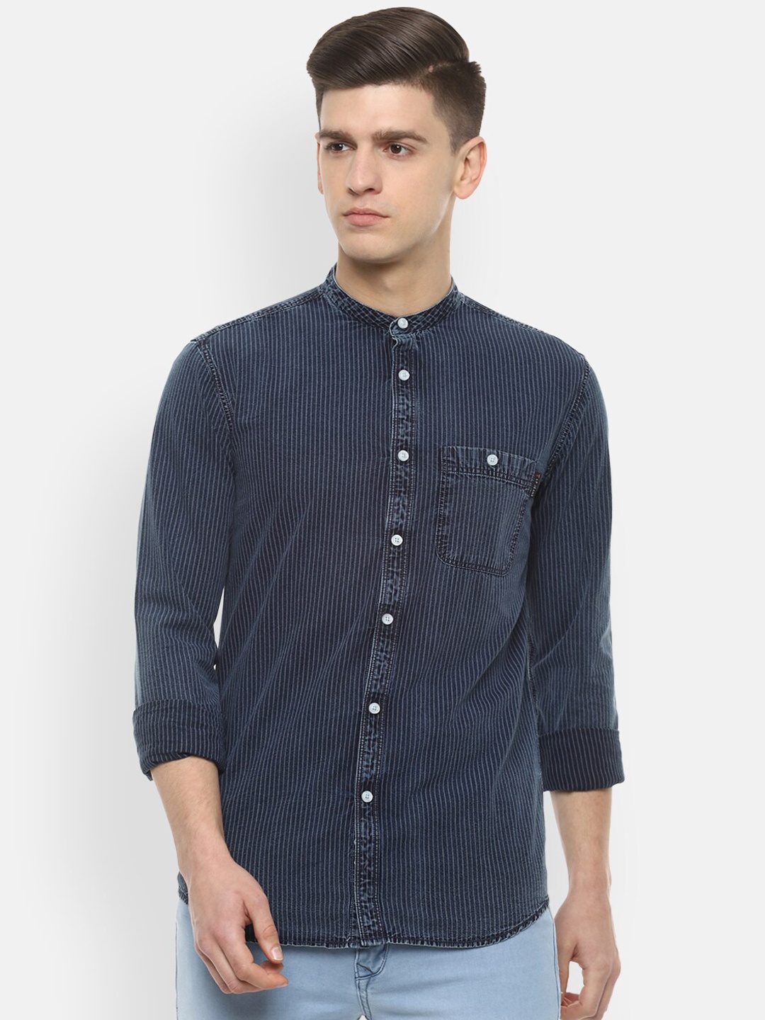 

Louis Philippe Jeans Men Navy Blue Regular Fit Striped Casual Shirt