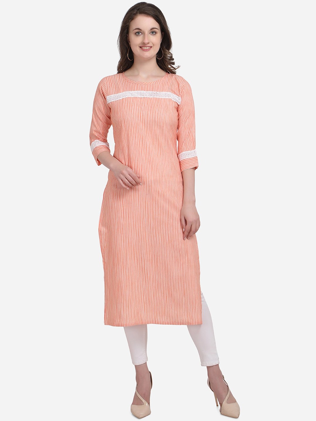 

Kvsfab Women Orange & Off-White Yoke Design Straight Kurta