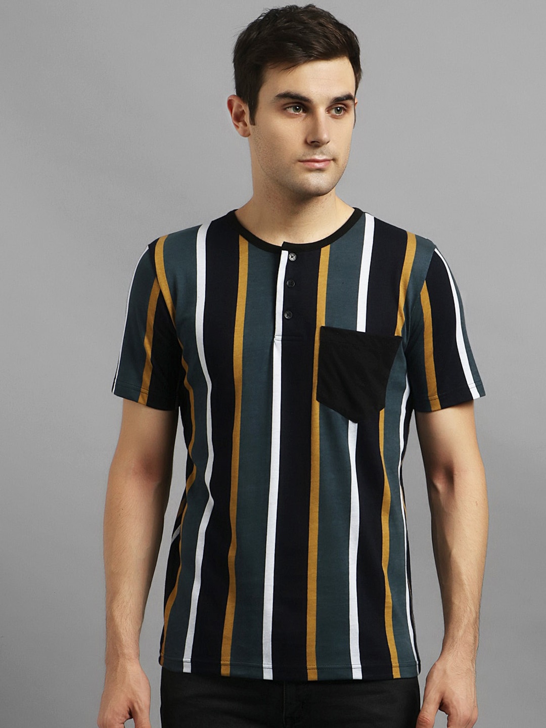 

Kotty Men Grey & Black Striped Round Neck T-shirt