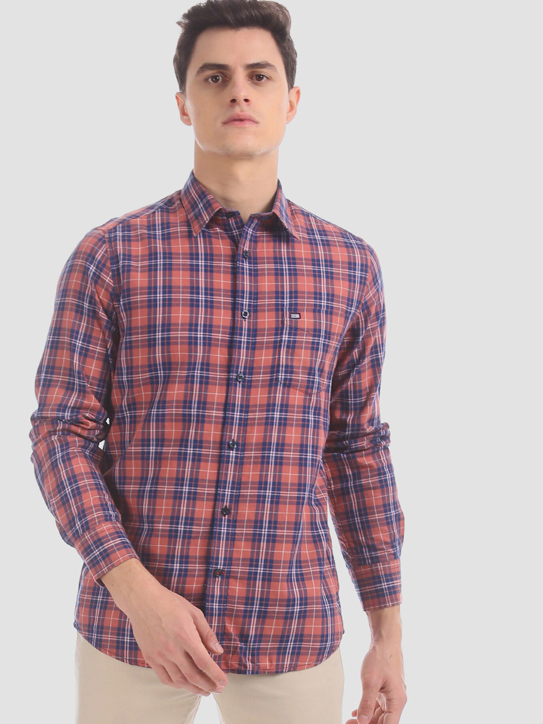 

Arrow Sport Men Blue & Peach-Coloured Regular Fit Checked Casual Shirt