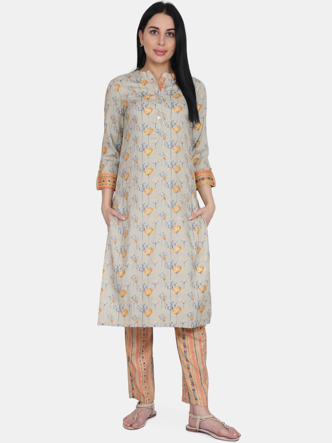 

Be Indi Women Grey & Yellow Printed Kurta with Trousers