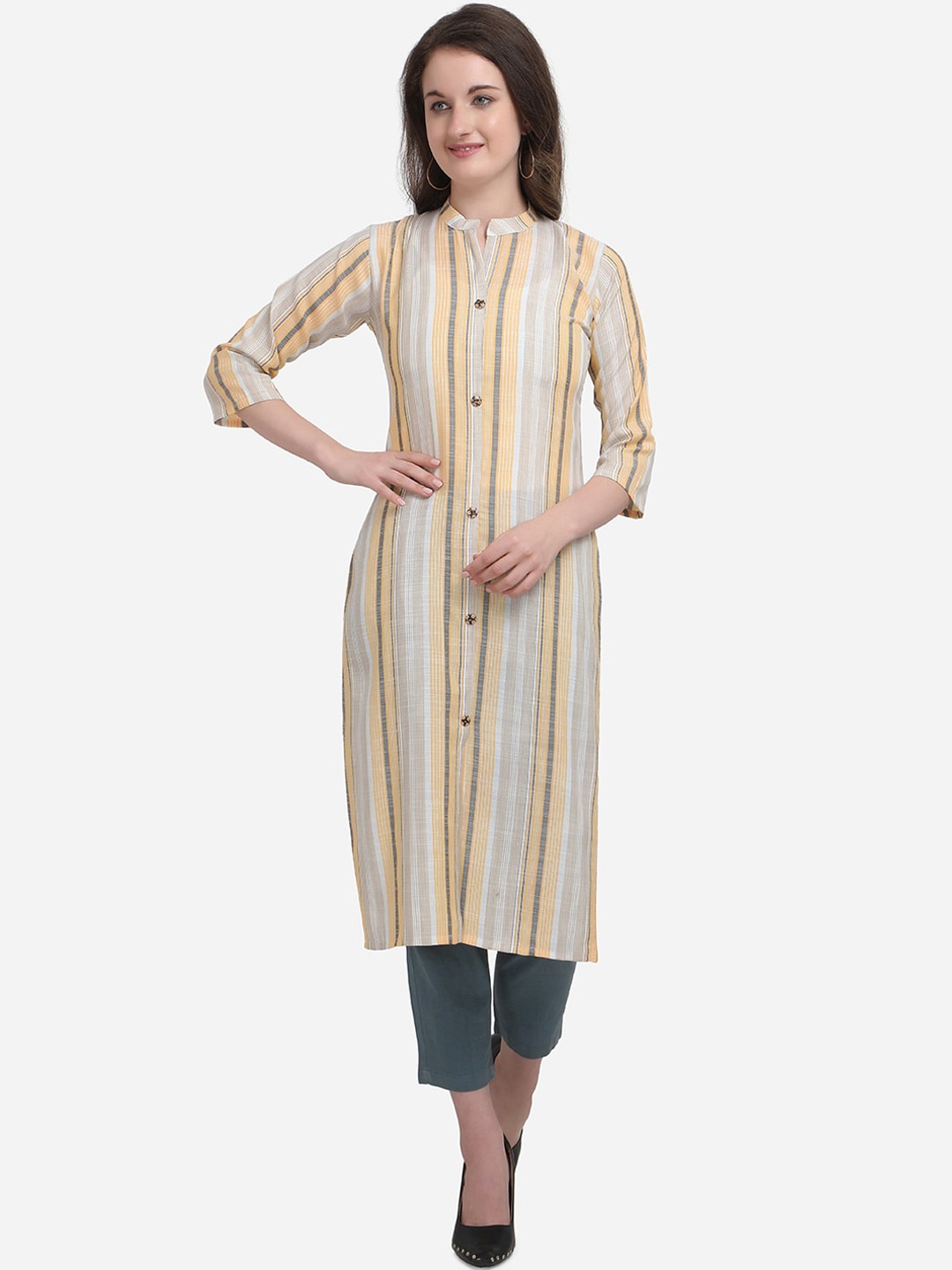 

Kvsfab Women Beige & Yellow Striped Straight Kurta