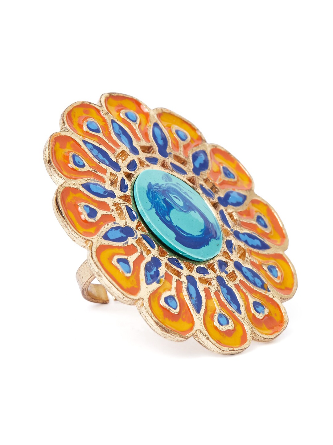 

Globus Gold-Plated Blue & Orange Enamelled Ethnic Finger Ring
